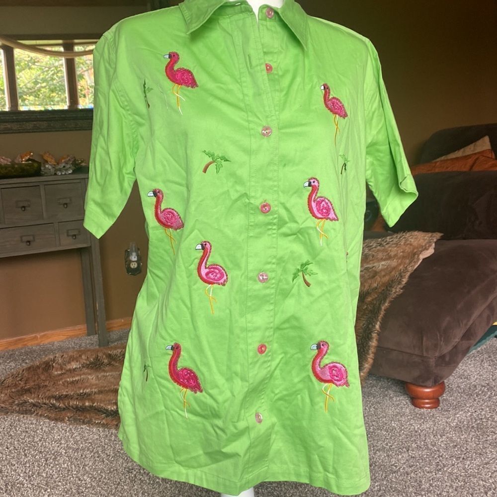 Quacker Factory Pink Flamingo 🦩 Lime green button up Shirt embellished Medium